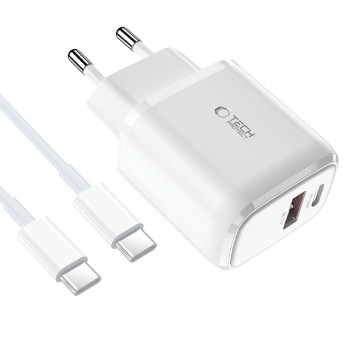 Tech-Protect C20W 2-портово мрежово зарядно PD 20W / QC3.0 + USB Type-C кабел 100 см, бяло