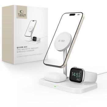 TECH-PROTECT QI15W-A22 3-в-1 магнитно MagSafe безжично зарядно, бяло