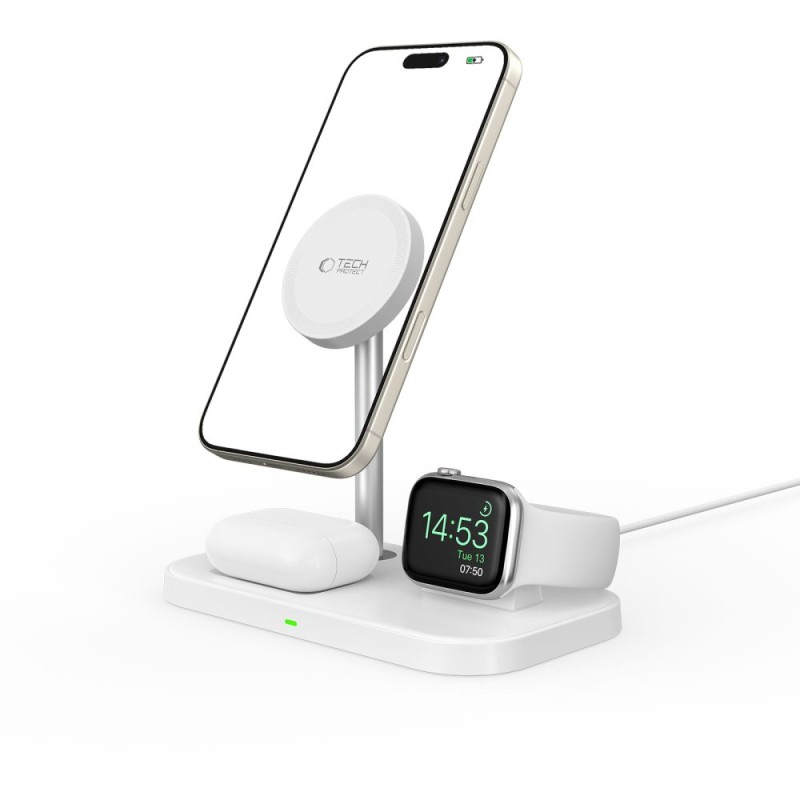TECH-PROTECT QI15W-A22 3-в-1 магнитно MagSafe безжично зарядно, бяло - TECH-PROTECT QI15W-A22 3-в-1 магнитно MagSafe безжично зарядно, бяло - 9490713930977