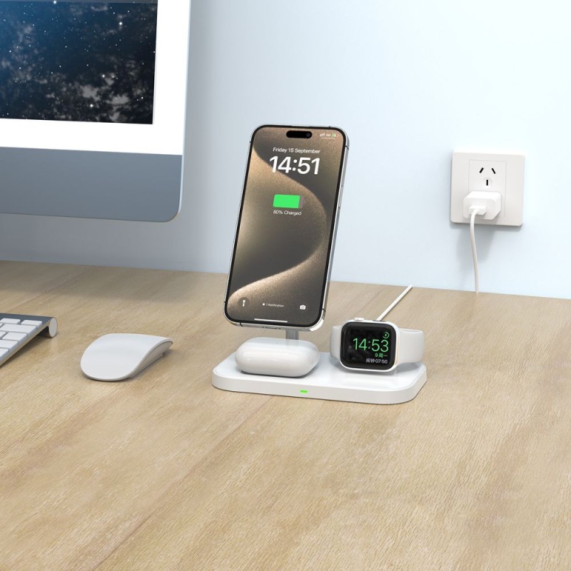 TECH-PROTECT QI15W-A22 3-в-1 магнитно MagSafe безжично зарядно, бяло - TECH-PROTECT QI15W-A22 3-в-1 магнитно MagSafe безжично зарядно, бяло - 9490713930977