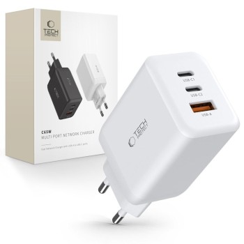TECH-PROTECT C65W 3-портово мрежово зарядно PD 65W / QC3.0, бяло