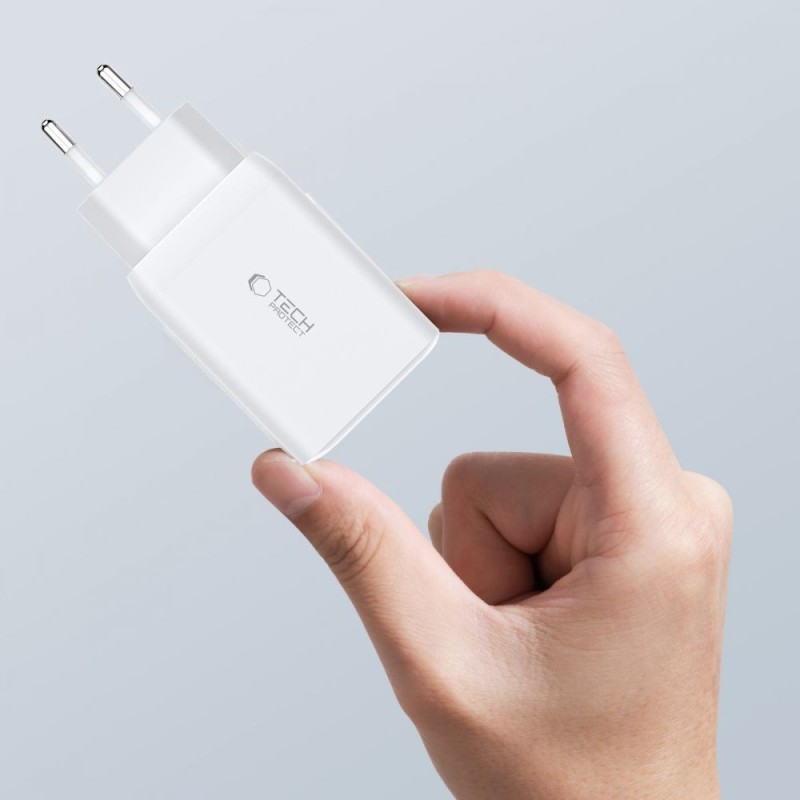 TECH-PROTECT C65W 3-портово мрежово зарядно PD 65W / QC3.0, бяло - TECH-PROTECT C65W 3-портово мрежово зарядно PD 65W / QC3.0, бяло - 9490713934517