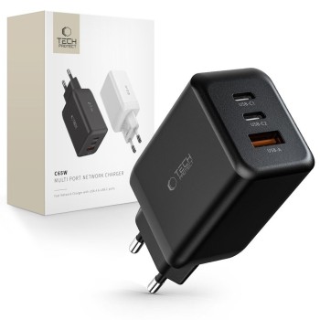 TECH-PROTECT C65W 3-PORT мрежово зарядно PD 65W / QC3.0, черно