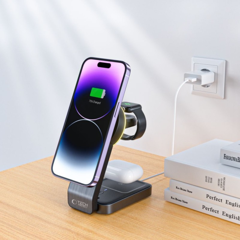 TECH-PROTECT QI15W-A28 3в1 магнитна MagSafe безжична зарядна черна - TECH-PROTECT QI15W-A28 3в1 магнитна MagSafe безжична зарядна черна - 9490713934593