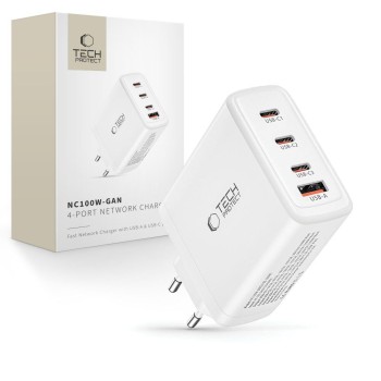 TECH-PROTECT NC100W-GAN 4-портов мрежов заряден адаптер PD 100W / QC3.0 бял