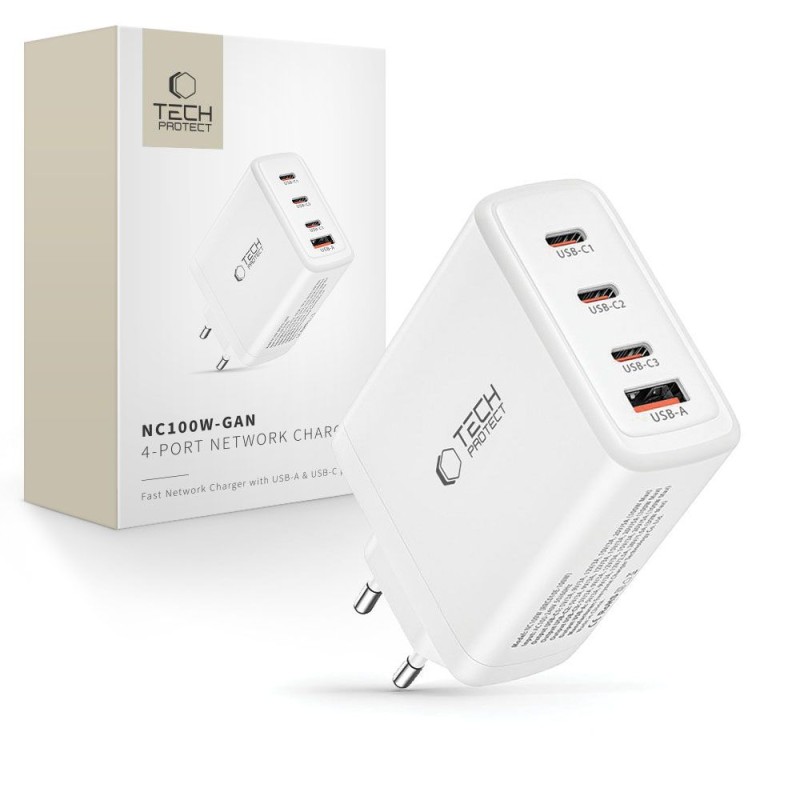 TECH-PROTECT NC100W-GAN 4-портов мрежов заряден адаптер PD 100W / QC3.0 бял - TECH-PROTECT NC100W-GAN 4-портов мрежов заряден адаптер PD 100W / QC3.0 бял - 9490713934814