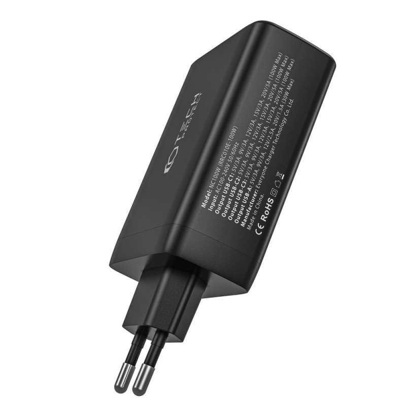 TECH-PROTECT NC100W-GAN 4-портова мрежова зарядна PD 100W / QC3.0 Black - TECH-PROTECT NC100W-GAN 4-портова мрежова зарядна PD 100W / QC3.0 Black - 9490713935101