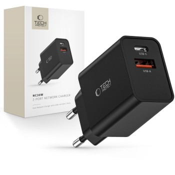 TECH-PROTECT NC30W 2-портово мрежово зарядно PD 30W / QC3.0, черно