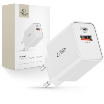 TECH-PROTECT NC30W 2-портов мрежов заряден адаптер PD 30W / QC 3.0 бял