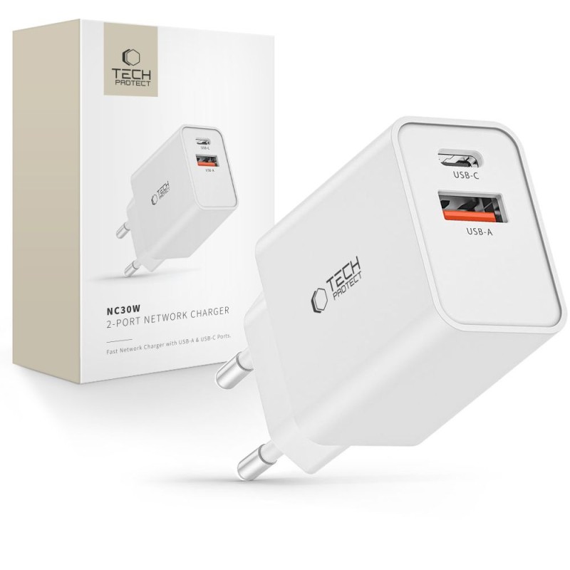 TECH-PROTECT NC30W 2-портов мрежов заряден адаптер PD 30W / QC 3.0 бял - TECH-PROTECT NC30W 2-портов мрежов заряден адаптер PD 30W / QC 3.0 бял - 9490713935194
