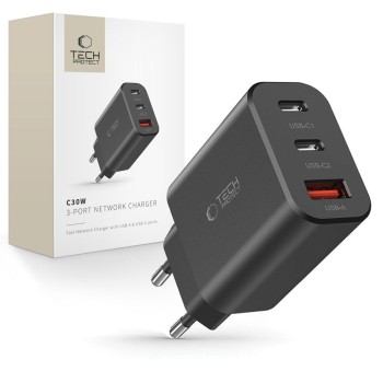 TECH-PROTECT NC30W 3-портова мрежова зарядна с PD 30W / QC3.0 (черна)