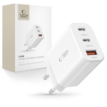 TECH-PROTECT NC30W 3-портова мрежова зарядна с PD 30W / QC3.0, бяла