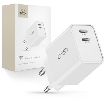 Tech-Protect C35W 2-портова мрежова зарядна с Power Delivery 35W, бяла (USB-C)