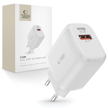 TECH-PROTECT C20W двупортово мрежово зарядно PD 20W / QC3.0, бяло