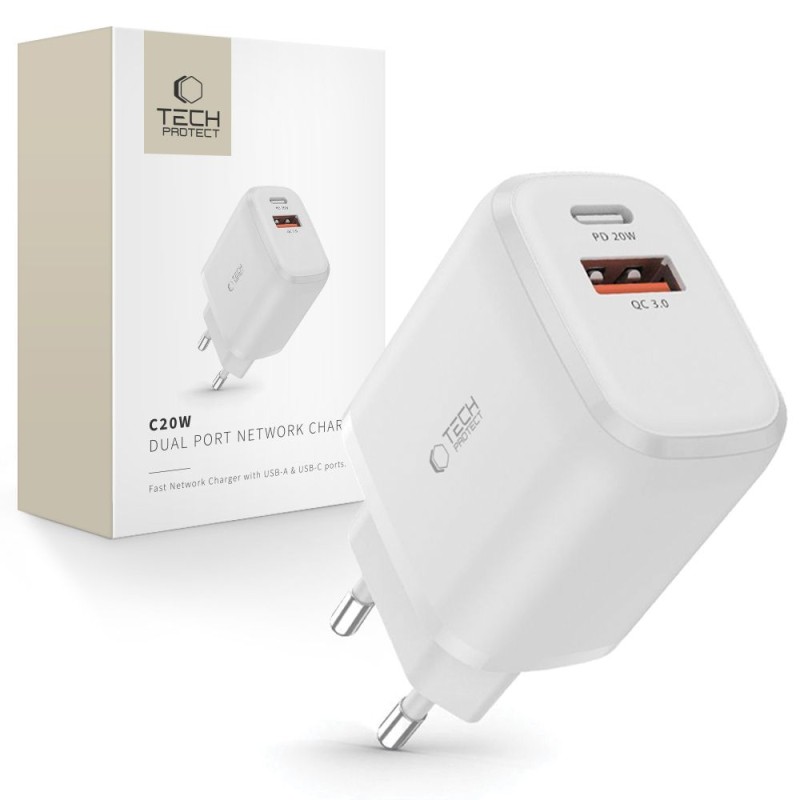 TECH-PROTECT C20W двупортово мрежово зарядно PD 20W / QC3.0, бяло - TECH-PROTECT C20W двупортово мрежово зарядно PD 20W / QC3.0, бяло - 9589046924293