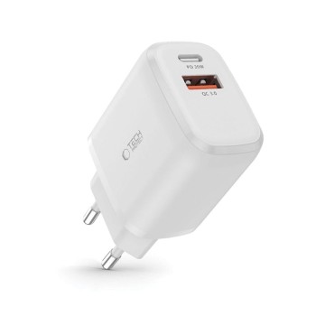 TECH-PROTECT C20W двупортово мрежово зарядно PD 20W / QC3.0, бяло