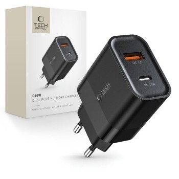 TECH-PROTECT C30W 2-портово мрежово зарядно PD 30W / QC3.0 черно