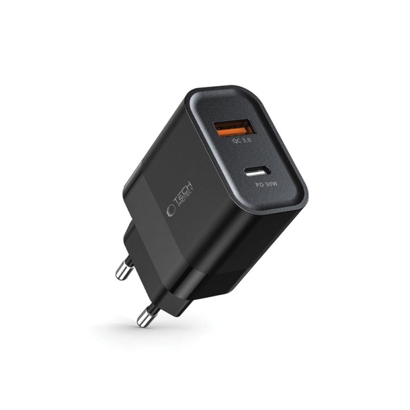 TECH-PROTECT C30W 2-портово мрежово зарядно PD 30W / QC3.0 черно - TECH-PROTECT C30W 2-портово мрежово зарядно PD 30W / QC3.0 черно - 9589046926808